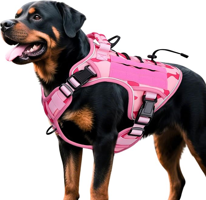 Heavy-Duty Tactical Dog Harness for Large Dogs, No Pull Adjustable Reflective Pet Vest with Molle System, K9 Military-Grade Control for Service Training, Outdoor & 10+ Breeds, Pink Camo, X-Large-Mewly Pet