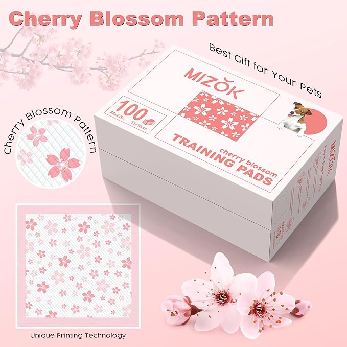 MIZOK Puppy Pads 22"x 22" with Leak-Proof Quick-Dry Design Pee Pads for Dogs Potty Training, 6-Layer Standard Absorbency Dog Pee Pads Regular Size, Pink Cherry Blossom Pattern (100 Counts)