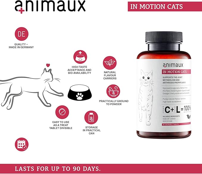 animaux - in Motion Cats, Green-lipped Mussel, Devil's Claw, Rose Hip & Ginkgo, Support for Bones, Joints, Cartilage, tendons, with Hyaluron, Collagen, 90 chewable Tablets, 90 Days Supply-Mewly Pet