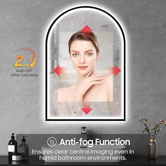 20x30 Inch Arch LED Bathroom Mirror with Bluetooth, Black Lighted Bathroom Mirrors Wall Mounted, Vanity Mirror with Anti-Fog, Memory Function, 3 Color Temperature, Dimmable Led Mirror for Bathroom