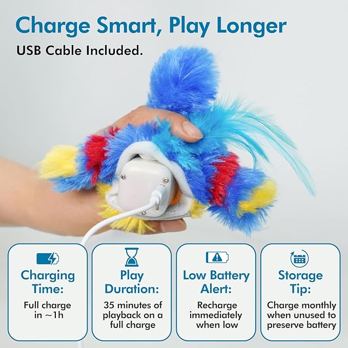 Vannon Cat Toys Flapping Bird(Cannot Fly), Rechargeable Touch Activated Kitten Toy Interactive Cat Exercise Toys with Catnip and Feather for Indoor Cat - Bule-Mewly Pet