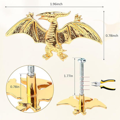 8 Pack Metal Dinosaur Knobs for Kids Furniture - Flying Dino Gold Finish Drawer Pulls & Cabinet Handles, Scratch-Resistant (Pterodactyl)