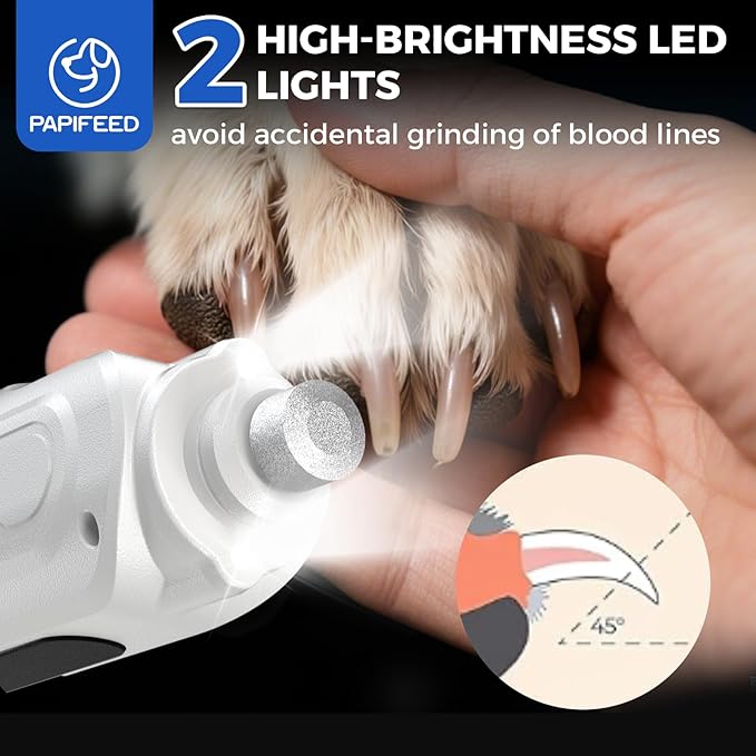 PAPIFEED High Torque Dog Nail Grinder Quiet - 6-Speed Adjustable Dog Nail Trimmers with 2 LED Lights & Dust-Proof Cover, Powerful Motor for Large/Medium/Small Dogs & Cats, Rechargeable - White Kit-Mewly Pet