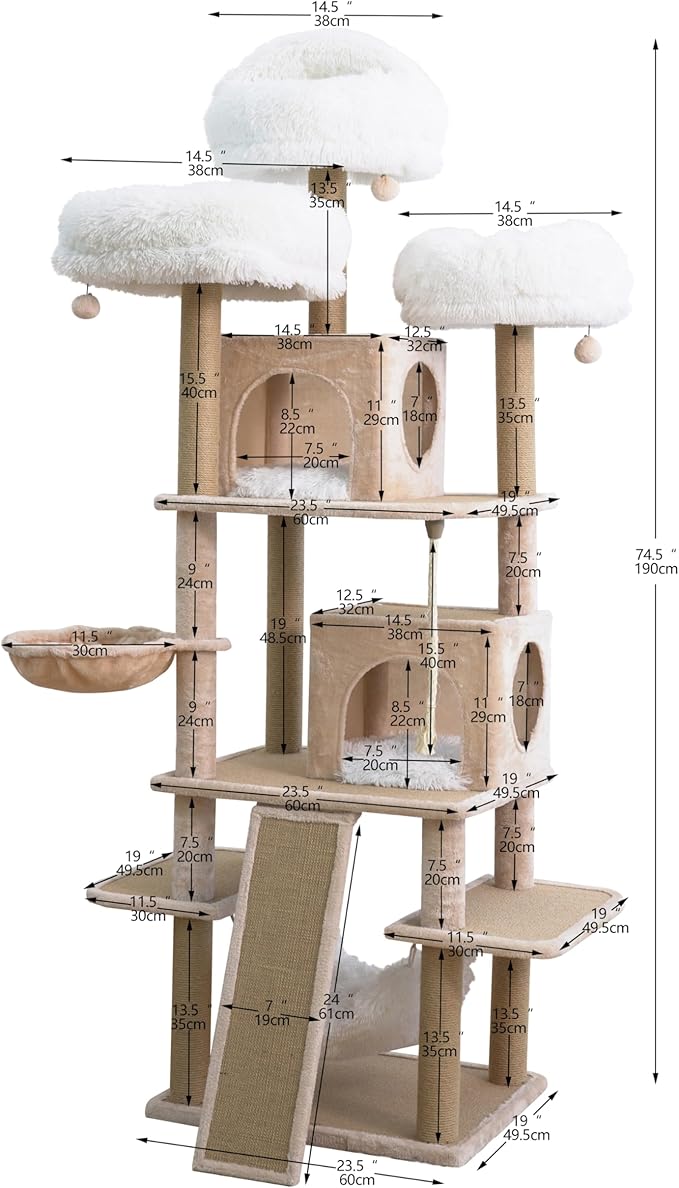 Catry 74.5" High 7-Level Extra Large Cat Tree with 2 Condos,2 Hammock,3 Washable Top Beds, Scratching Ramp Pad, Replaceable Scratching Posts, for Multi-Cat Homes (Light Brown &White)-Mewly Pet