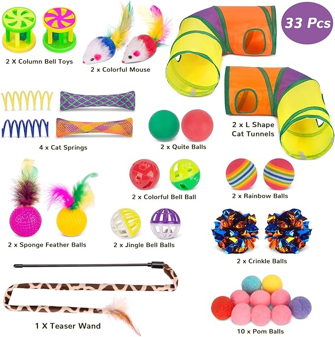 Retro Shaw Cat Toys Kitten Toys, Interactive Cat Tunnels Toy for Indoor Cats Kitty, Kitten Tube Tent Feather Wand Teaser Bell Fuzzy Ball Springs Mouse (33 Pcs Large Cat Tunnel Toys Set)-Mewly Pet