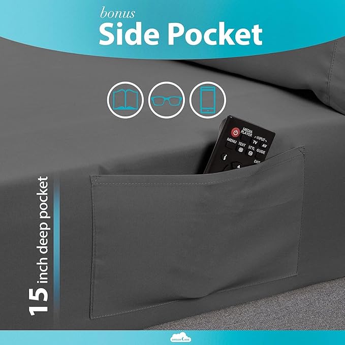 DREAMCARE King Size Sheets Set - Cooling Bed Sheets - 4pcs Set - up to 15" Deep Pocket King Sheet Set – Soft & Long Lasting Cooling - 100% Fine Brushed Polyester with Side Pocket - Dark Gray
