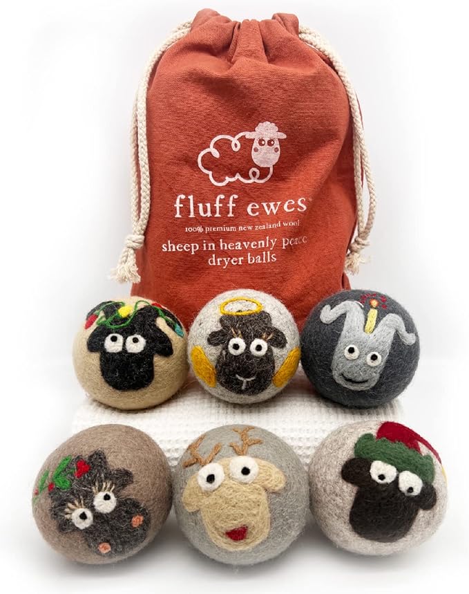 Fluff Ewes Wool Dryer Balls 6 Pack Premium New Zealand Wool Laundry Balls for Dryer, No Static Dryer Balls Laundry Reusable, XL Christmas Dryer Balls, Holiday Dryer Balls - Sheep in Heavenly Peace-Mewly Pet