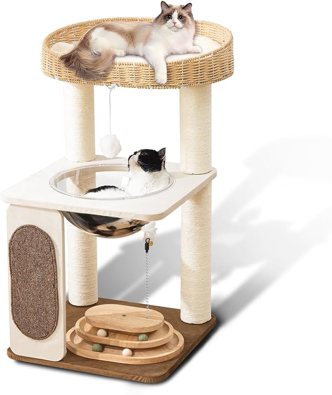 Modern Cat Tree for Indoor Cats with Sisal Rope Scratching Posts, Hand-Woven Cat Condo & Top Perch, Space Capsule Cats Nest, Cute Cat Tree with Interactive Cat Toy-Mewly Pet