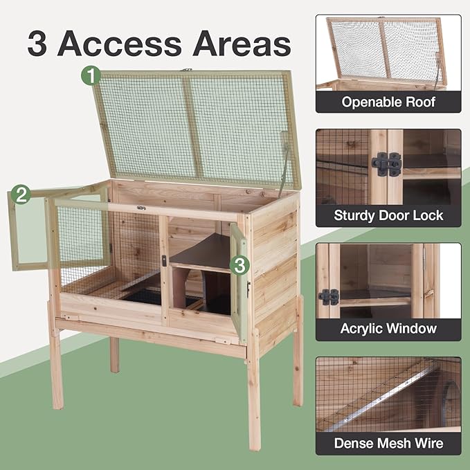 Guinea Pig Cage with Wooden Stand - Hamster Cage, Small Animal Cage Anti Chew Ramp, Hideout, Platform, Pull Out Tray (Wood, L)-Mewly Pet