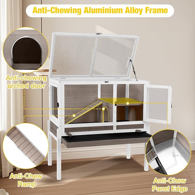 Aivituvin 2-Story Rabbit Hutch with Anti-Chew Ramp & Zinc Sheet - 36.6" Indoor Guinea Pig Cage, Wooden Stand, Pull-Out Tray & Leakproof Floor (Brown)-Mewly Pet