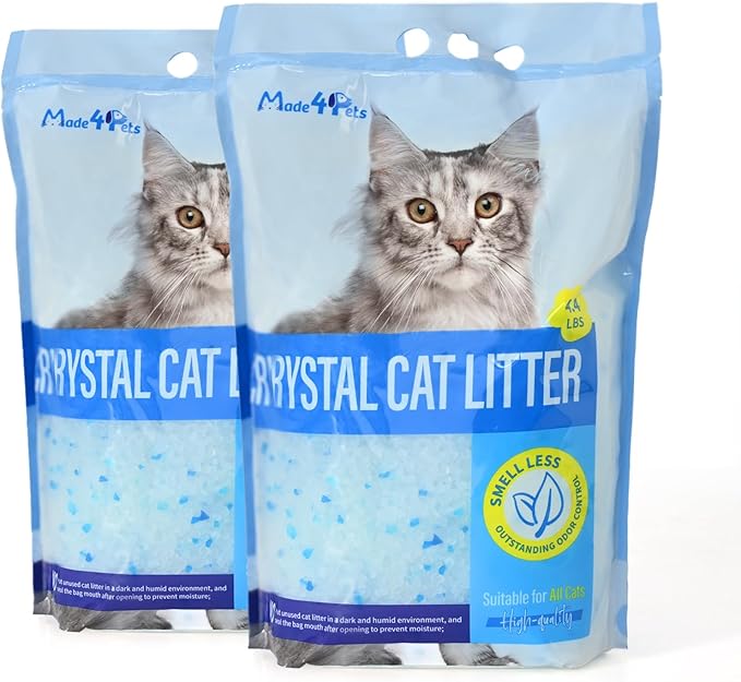 Made4Pets Cat Litter Crystals, Non Clumping Cat Litter Odor Control Kitty Litter Non Clumping No scooping Low Dust, Low Tracking, Lightweight, Dehydrates Waste,– 8.6 lbs (2 x 4.3 lb Packs)-Mewly Pet