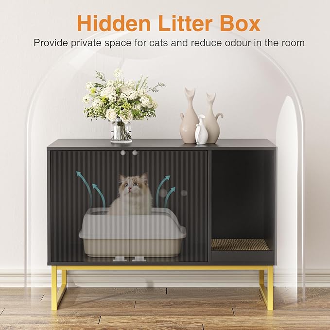 Cat Litter Box Enclosure, Fluted Hidden Litter Box Furniture with Scratch Pad and Metal Legs, Modern Enclosed Cat Cabinet, 31.5 x 17.7 x 21.7 Inches Indoor Pet House for Living Room, Washroom, Black-Mewly Pet