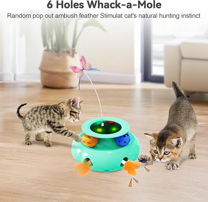 Cat Toys Interactive Rechargeable 3in1 Whack a Mole Cat Toy, Fluttering Butterfly, Track Balls, Touch Activated Automatic Kitten Toys for Indoor Cats-Mewly Pet