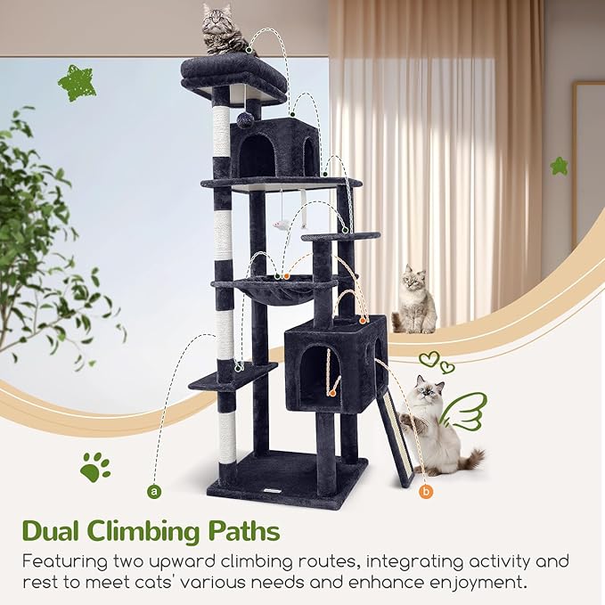 Globlazer Heavy Duty Cat Tree, 70 inch Sturdy Cat Tree for Indoor Cats Extra Large Cat Tower with Scratching Post, Hammock, Cat Condo for Adult Cats Kittens, F70 Pro, Dark Grey-Mewly Pet