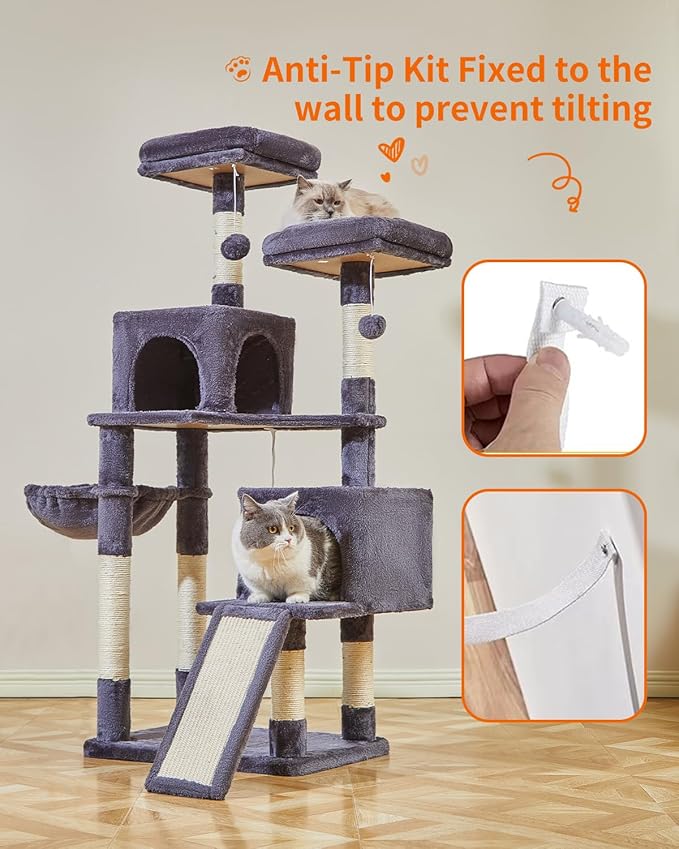 Taoqimiao 56.3-Inch Cat Tree, Cat Tower with Scratching Posts, Cat Tree House for Indoor Cats with hammocks, Toys, Condo and Large Scratch Board, Smoky Gray MS012G-Mewly Pet