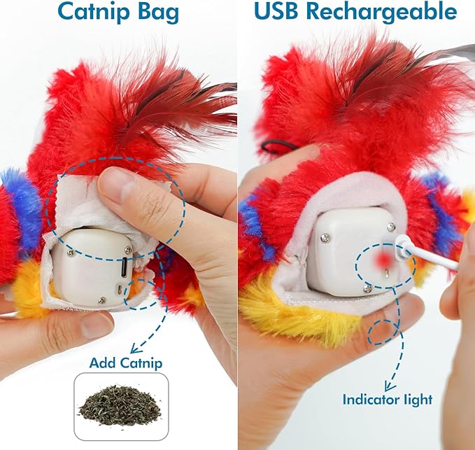 Vannon Cat Toys Flapping Bird(Cannot Fly), Rechargeable Touch Activated Kitten Toy Interactive Cat Exercise Toys with Catnip and Feather for Indoor Cat - Red-Mewly Pet