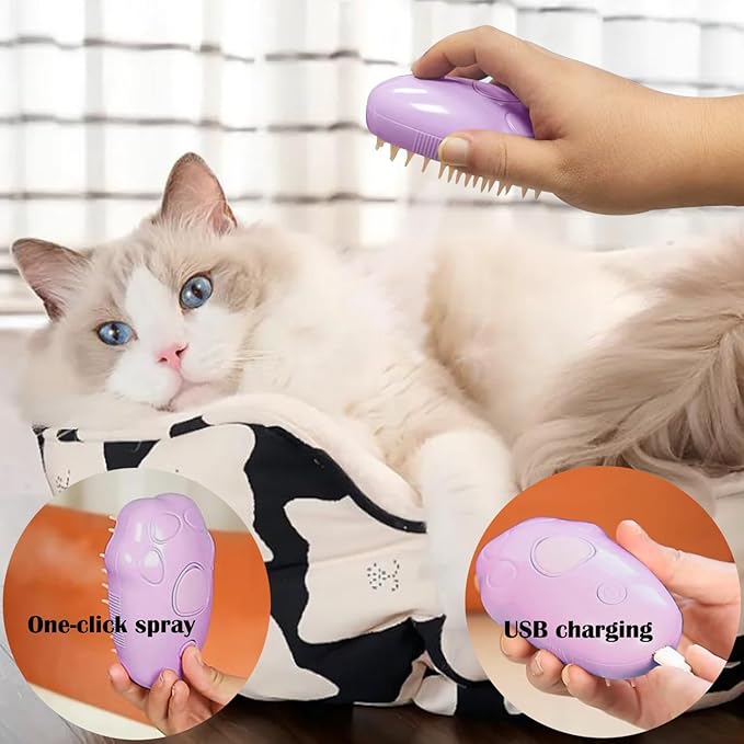 Steam Brush for Cats, Spray Comb Mist Brush, Rechargeable Steam Pet Brush for Dogs and Cats, Self-Cleaning 3-in-1 Cat Hair Brush with Steam for Long and Short Hair for Cats and Dogs (purple)-Mewly Pet