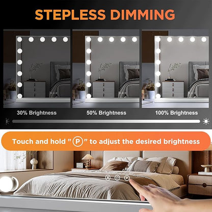 M MIVONDA Large Vanity Mirror with 17 Bulbs Lights, Hollywood Lighted Makeup Mirror for Desk and Wall, Dimmable 3 Lighting Modes, Plug-in & USB Charger Port