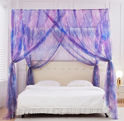Mengersi Tie Dye Canopy Bed Curtains with Lights,Gradient Ombre Bed Canopy for Girls,Canopy for Bed Princess Bed Drapes for Girls Room Decor(King,Purple)