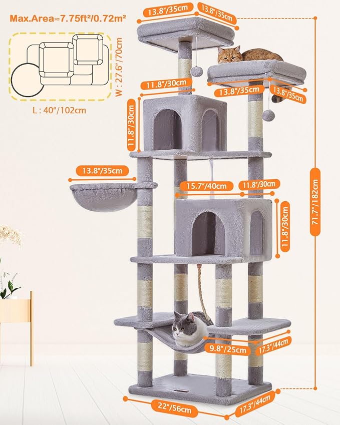 Taoqimiao Cat Tree, 71.7-Inch Cat Tower for Indoor Cats, Plush Multi-Level Cat Condo with 13 Scratching Posts, 2 Perches, 2 Caves, Hammock, 2 Pompoms,Light Gray MS013LW-Mewly Pet
