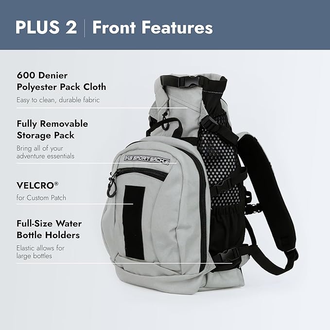 K9 Sport Sack Plus 2 - Small, Light Grey - Ideal for Dogs 13-16” Long - Adjustable, Backpack-Style Carrier with Multi-Functional Storage Pack, Thick Shoulder Straps & Padded Back Panel-Mewly Pet
