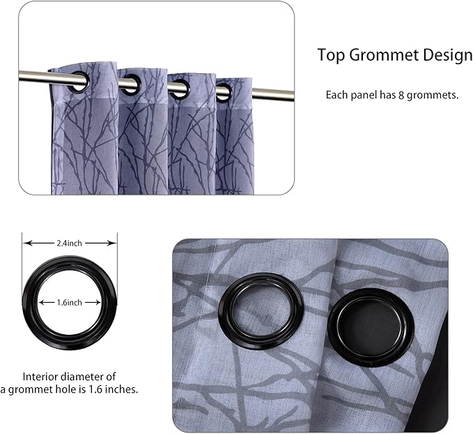 BONZER Mix and Match Curtains - 2 Pieces Branch Print Sheer Curtains and 2 Pieces Blackout Curtains for Bedroom Living Room Grommet Window Drapes, 54x84 Inch/Panel, Grey Dark, Set of 4 Panels