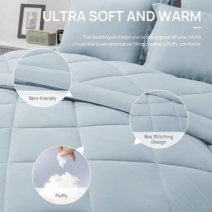 Love's cabin Twin XL Comforter Set Light Blue, 5 Pieces Twin XL Bed in a Bag, All Season Bedding Sets with 1 Comforter, 1 Flat Sheet, 1 Fitted Sheet, 1 Pillowcase and 1 Pillow Sham