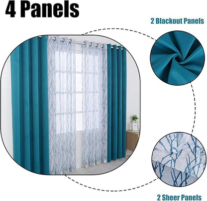 BONZER Mix and Match Curtains - 2 Pieces Branch Print Sheer Curtains and 2 Pieces Blackout Curtains for Bedroom Living Room Grommet Window Drapes, 54x108 Inch/Panel, Teal, Set of 4 Panels