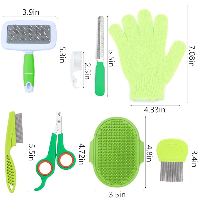 VCZONE 8 Pcs Small Animal Grooming Kit, Pink with Pet Nail Clipper and File, Flea Comb, Pet Shampoo Bath Brush, Pet Shedding Slicker Brush, Bath Massage Glove, Cleaning Comb (Green)-Mewly Pet