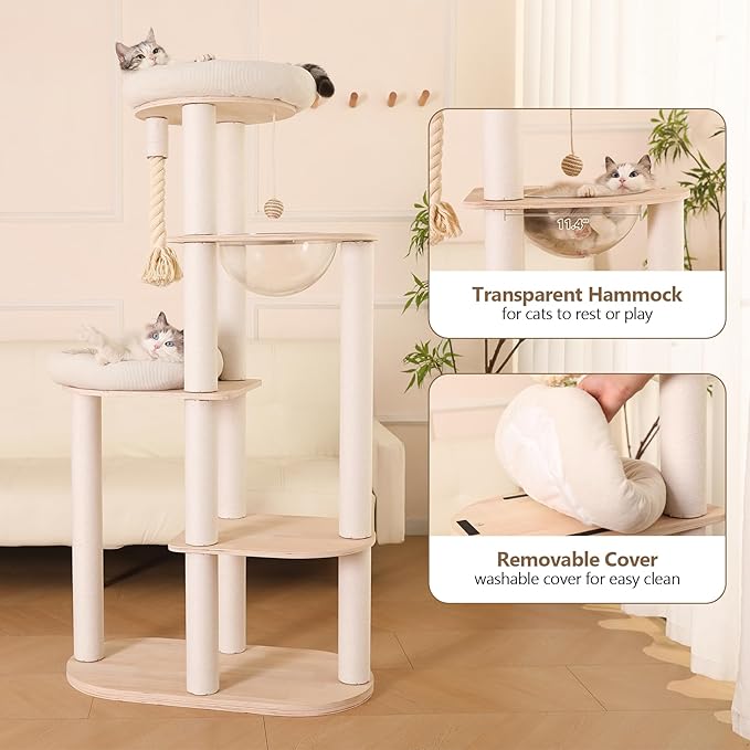 59" Modern Cat Tree Multi-Level Large Cat Tower Heavy Duty Cat Tree with Hammock,Cotton Scratching Post and Washable Cushions-Mewly Pet