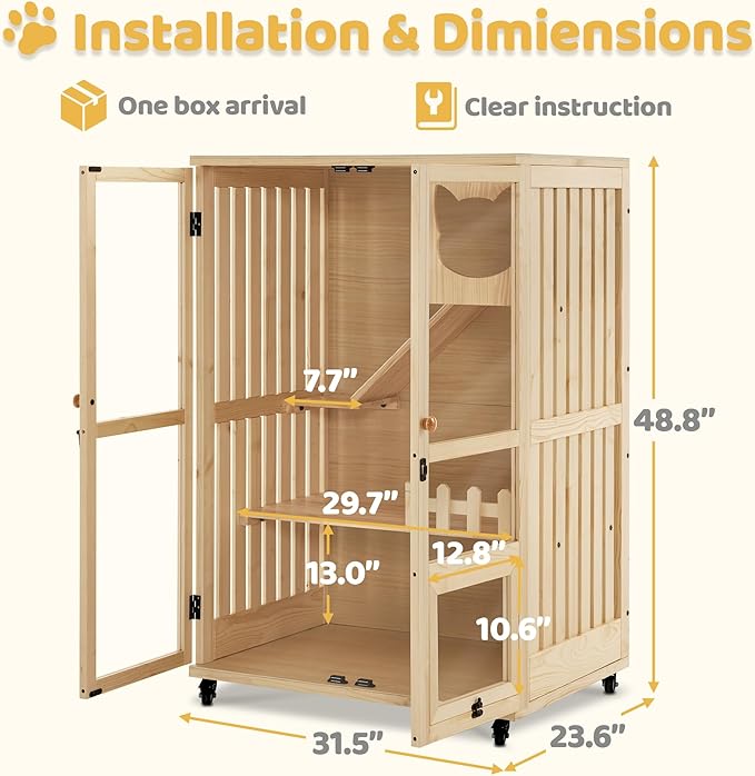 MCombo Wooden Cat Houses for Indoor Cats, Luxury Kitten House with Scratching Pad, Lockable Doors, Wheels, CT090-Mewly Pet