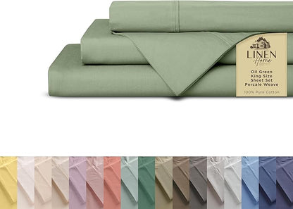 Linen Home 100% Cotton Percale Sheets King Size, Oil Green, Deep Pocket, 4 Pieces Set - 1 Flat, 1 Deep Pocket Fitted Sheet and 2 Pillowcases, Crisp Cool and Strong Bed Linen