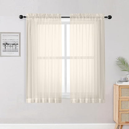 OWENIE Sheer Curtains 54 inches Long 2 Panles for Living Room Bedroom Small Windowm, Rod Pocket Light Filtering Voile Sheers Drapes, 42" W x 54" L, Cream