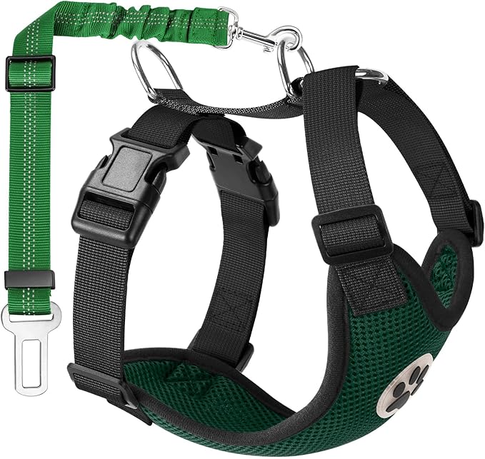 Lukovee Dog Seat Belt - Adjustable Dog Car Harness for Large, Medium & Small Dogs, Soft Padded & Breathable Mesh Dog Seatbelt with Vehicle Connector Strap (Green, Medium)-Mewly Pet