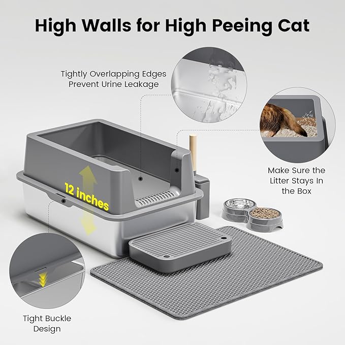 Stainless Steel Cat Litter Box - Enclosed XL Metal Kitty Litter Box with Lid for Big Cats, High Sided, Anti-Leakage, Easy Cleaning, Non-Sticky, Included Litter Mat, Cat Bowl & Spoon-Mewly Pet