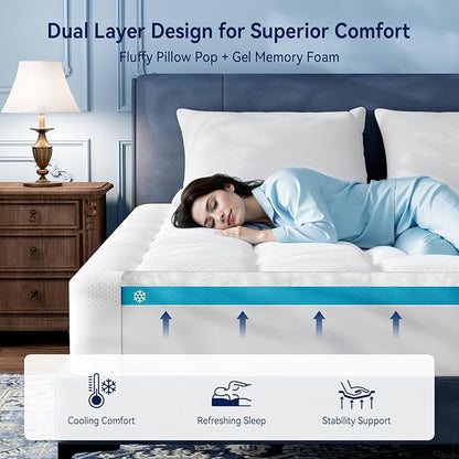 ELEMUSE California King Size Dual Layer 3 Inch Memory Foam Mattress Topper, 2 Inch Cooling High Density Memory Foam Bed Pad and 1 Inch Plush Feel Pillow Top Mattress Topper Cover for Back Pain Relief