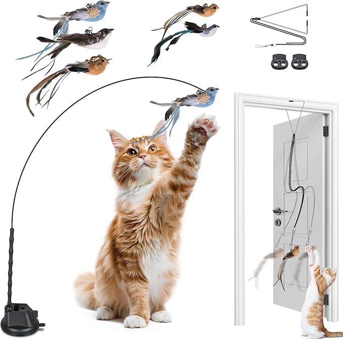 Cat Toys for Indoor Cats, Interactive Bird Cat Toy Self-Holding Suction Base with 5 Replaceable Birds, Door Hanging String, Feathers & Bells | Chase, Jump & Exercise for Kittens/Adult Cats-Mewly Pet