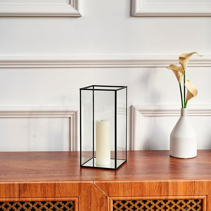 PHOSPHOR Glass Hurricane Candle Holder Set of 3 PCS Large Glass Square Candle Holder Black Lanterns Decorative for Pillar Candle Indoor Candle