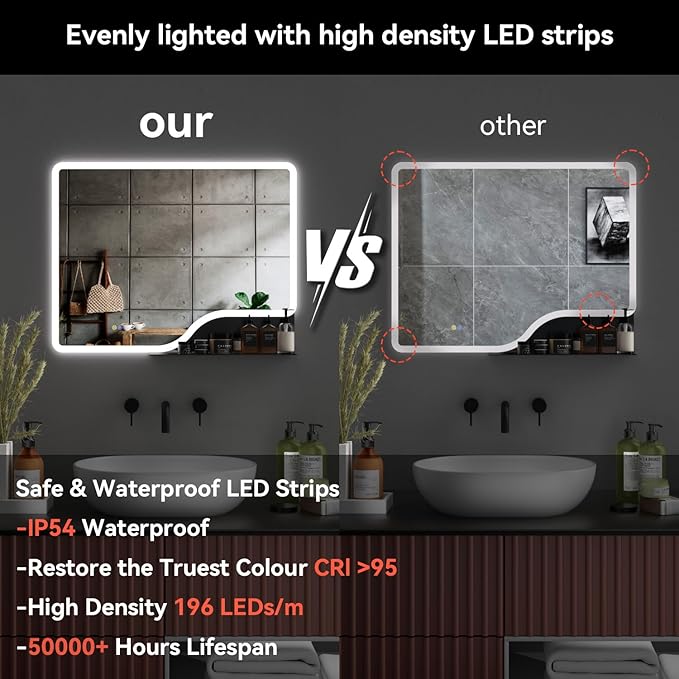 36"x 28" LED Bathroom Mirror with Shelf, Wall-Mounted Backlit Vanity Mirror with Lights, Smart Bathroom Mirror with 3 Colors, Anti-Fog, Stepless Dimmable, Memory (UL, ETL)