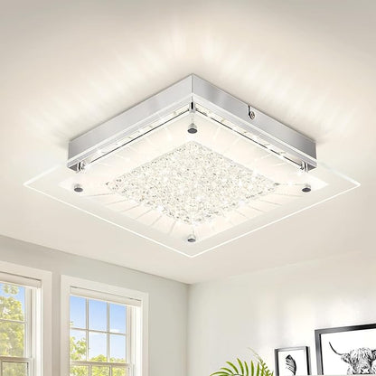 Flush Mount Ceiling Light 11IN Hallway Light Fixtures Ceiling Square Crystal Ceiling Light Fixture Dimmable Light Fixtures for Kitchen, Bathroom, Bedroom, Hallway Ceiling Lights