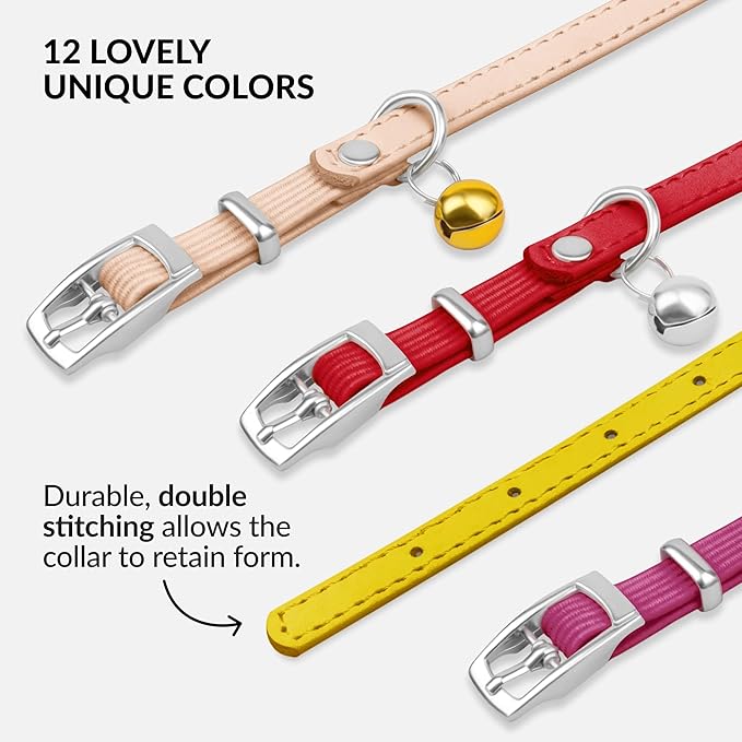 CollarDirect Leather Cat Collar with Bell - Kitten Collar, Small and Big Cat Strap for Boy Cats, Girl Cats with Safety Elastic Strap (Neck Fit 6"-7", Yellow)-Mewly Pet