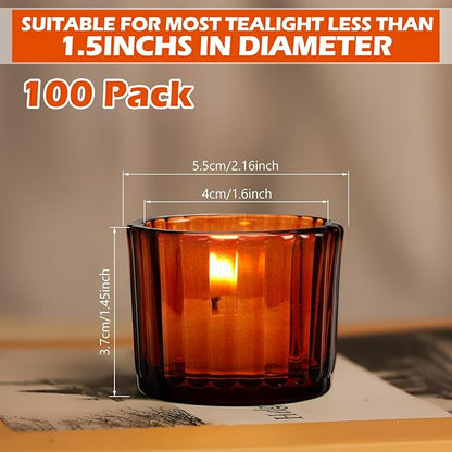 Mumufy 100 Pack Glass Tealight Candle Holder Ribbed Votive Candle Holder for Centerpiece Wedding Proposal Spa Aromatherapy Meditation Home Decor(Amber)