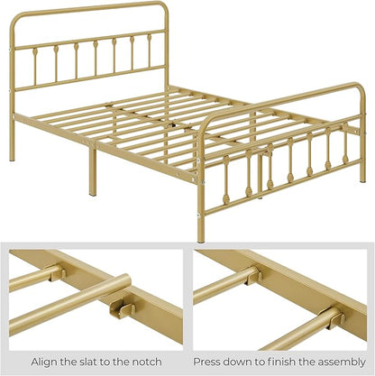 Yaheetech Classic Metal Platform Bed Frame Mattress Foundation with Victorian Style Iron-Art Headboard/Footboard/Under Bed Storage/No Box Spring Needed/Queen Size Antique Gold