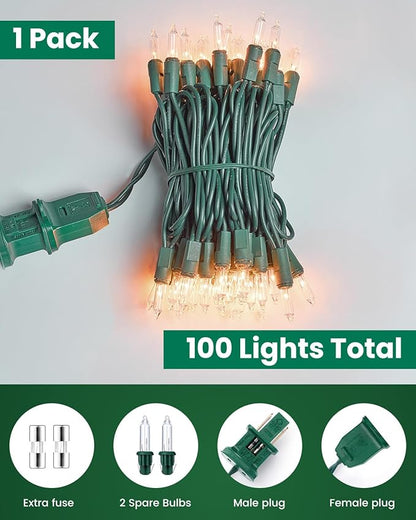 Clear Christmas String Lights 100 Count 25 Feet Incandescent Bulb Mini Lights for Indoor Xmas Tree Garland Birthday Wedding Party Festival Decoration, Green Wire