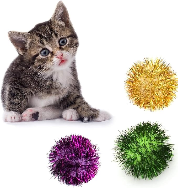 AUEAR, 12 Pack 2 Inch Sparkle Ball Shiny Glitter Tinsel Pom Poms Interactive Cat Balls for Kittens (4 Colors, 12 Inch-12 Pack)-Mewly Pet