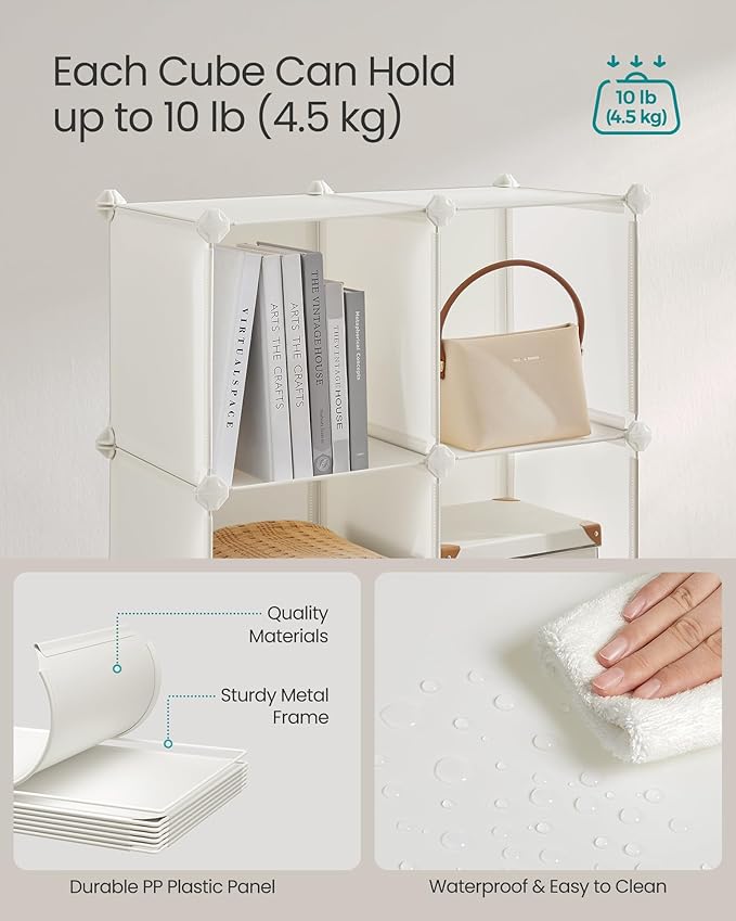 SONGMICS Cube Storage Organizer, Set of 12 Plastic Cubes, Closet Storage Shelves, DIY Plastic Closet Cabinet, Modular Bookcase, Shelving with Doors for Bedroom, Living Room, Cream White ULPC342W02