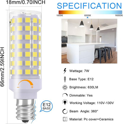 E12 LED Light Bulb Dimmable, 60W Halogen Equivalent, 6000K Daylight White, T6 Small Base 120V 7W 630LM C7 Bulbs for Ceiling Fan, Chandelier, Pendant Lighting, Salt Lamp, 3 Pack