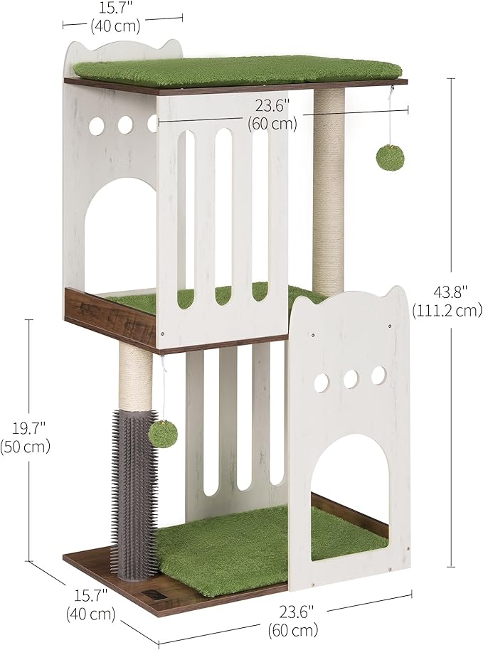 FourFurPets 43.7in 3-Tier Modern Cat Tree Tower Condo, Cat Scratch Posts for Indoor Cats, Big Plate, Two 19.7in Full Sisal Scratching Posts, White-Mewly Pet