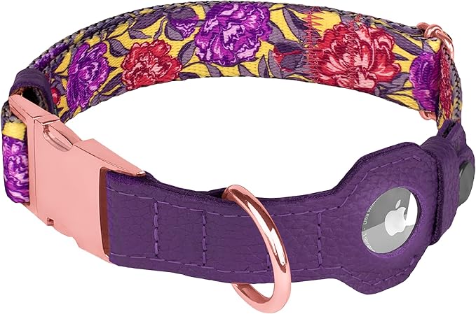 AirTag Dog Collar for Small Medium Large Breed - Adjustable Cute Pattern Dog Collar with Airtag Holder - Soft Leather Tracker GPS Apple Air Tag Pet Collars (Small, 12"-15" Neck Fit, Peonies)-Mewly Pet