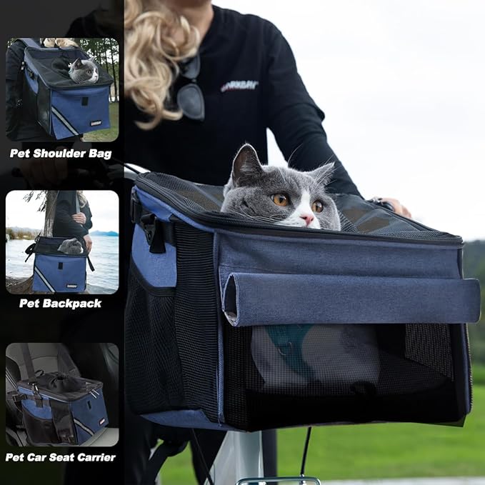 Pet Carrier Bicycle Basket Bag Pet Carrier/Booster Backpack for Dogs and Cats with Big Side Pockets,Comfy & Padded Shoulder Strap,Travel with Your Pet Safety（Classic Blue）-Mewly Pet